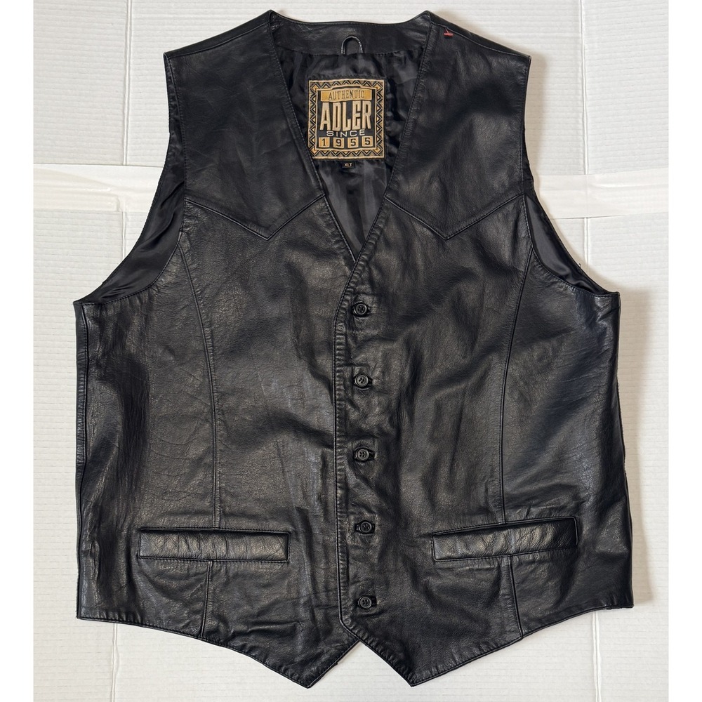 ADLER Leather Vest - Men's Black Western Button Front Lined - X-Large Tall - XLT